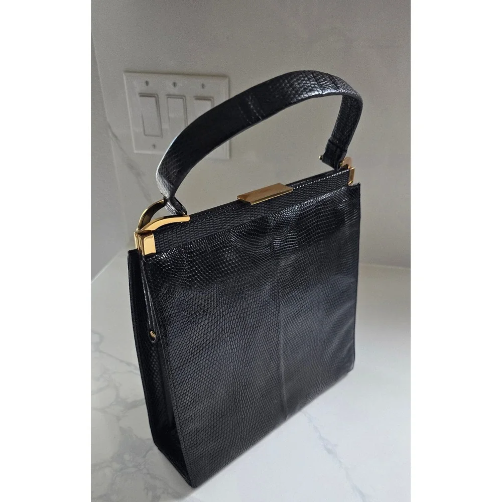 Vintage Black Lizard Embossed Leather Frame Handbag Gold Hardware Red Interior